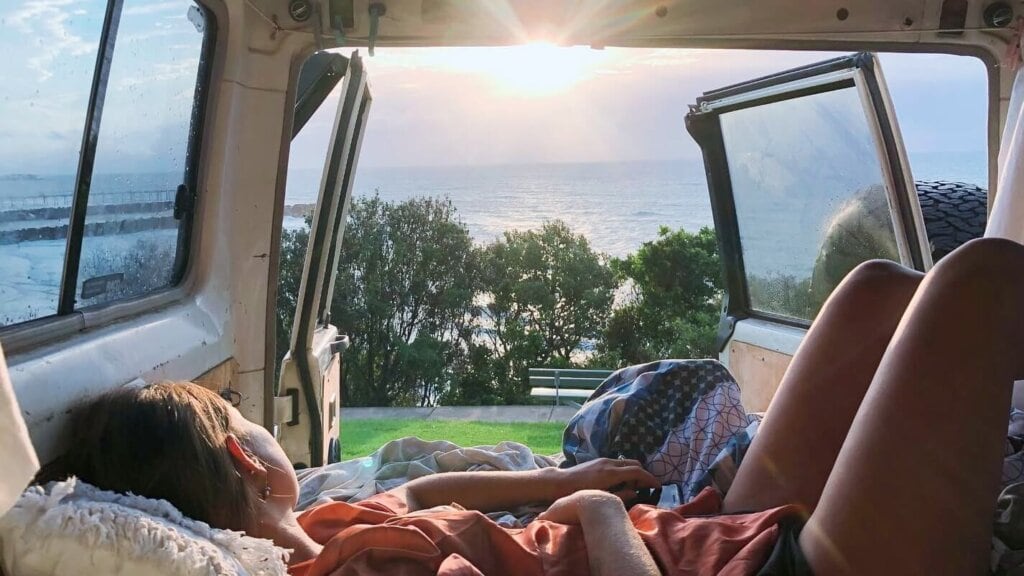 Watching the sunset inside a van.